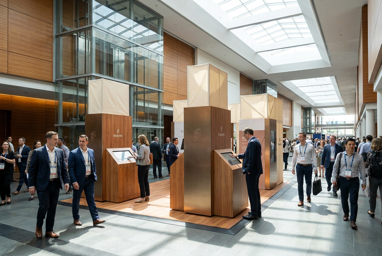 A repeatable branded footprint installed on a busy venue concourse.