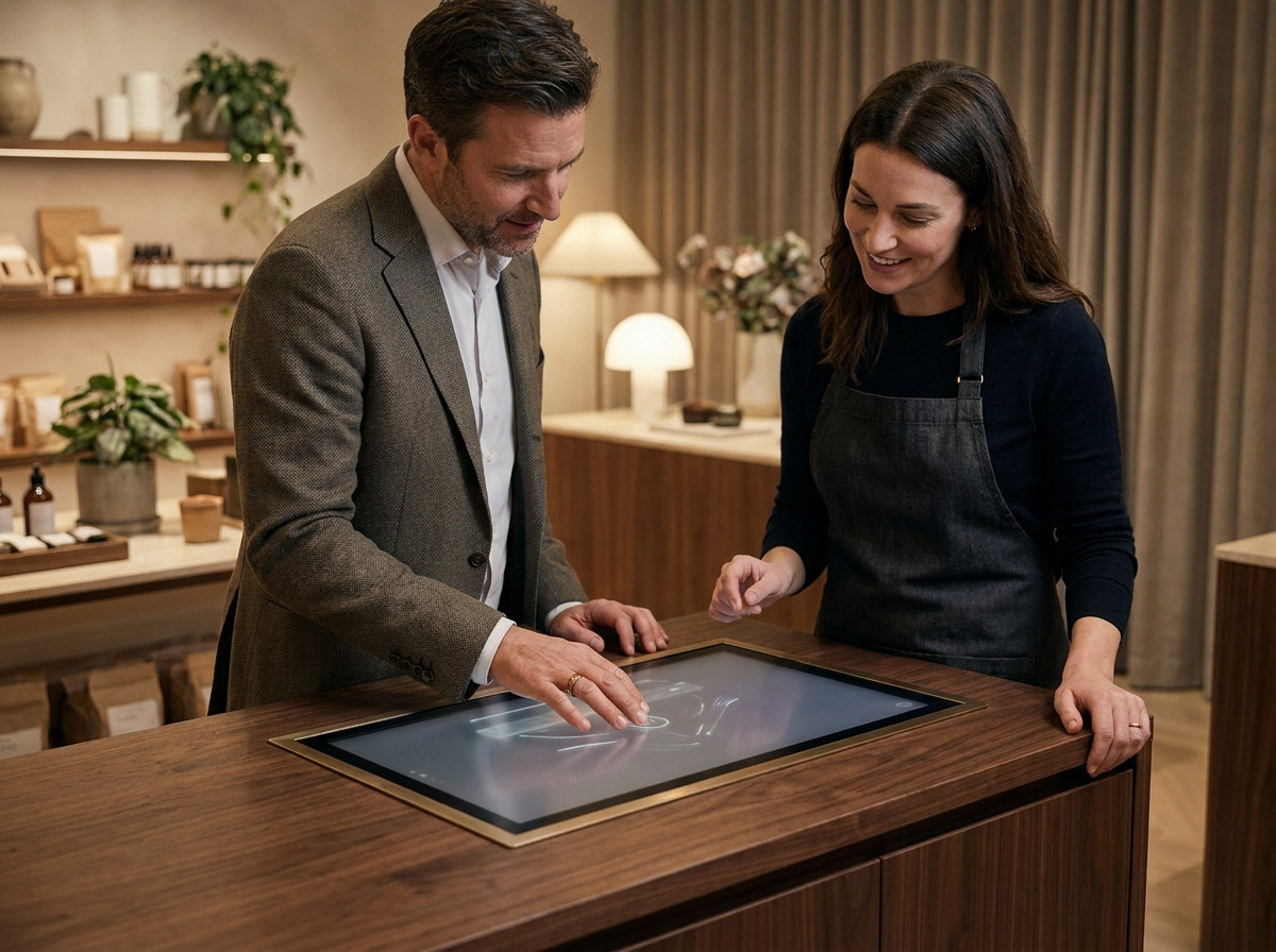 A customer using unobtrusive technology as part of a human brand interaction.