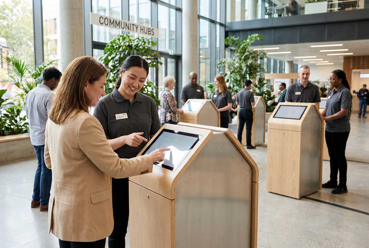 A customer completing a quick interaction at a staffed portable station.