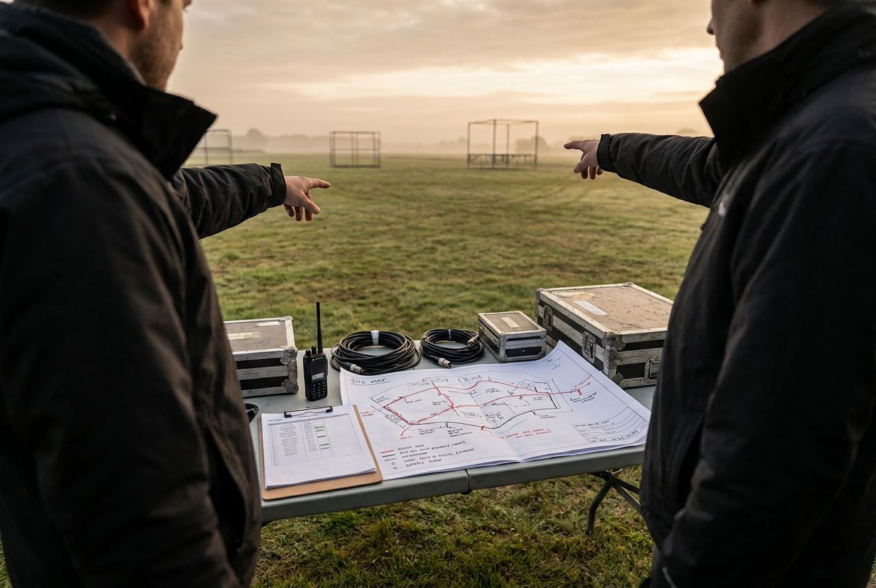 Crew members reviewing a site plan at an empty venue before a program is built.