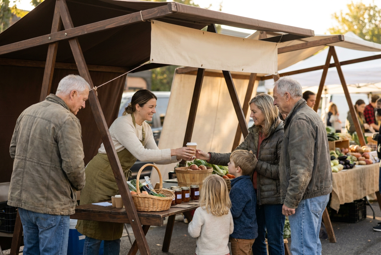 A brand host welcoming local residents at a neighborhood market.