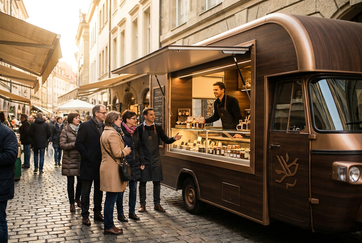 A signature mobile brand vehicle serving a line of customers on a city market street.